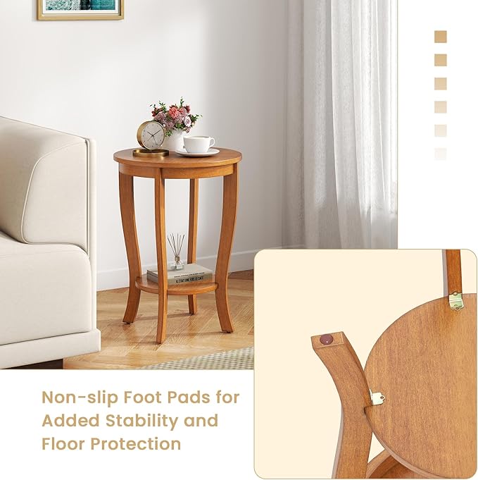 GOFLAME 2-Tier Round End Table, 18” Sofa Side Table with Storage Shelf, Floor Tea Table with Solid Wood Legs, Compact Nightstand for Small Space, Living Room, Bedroom, Light Brown