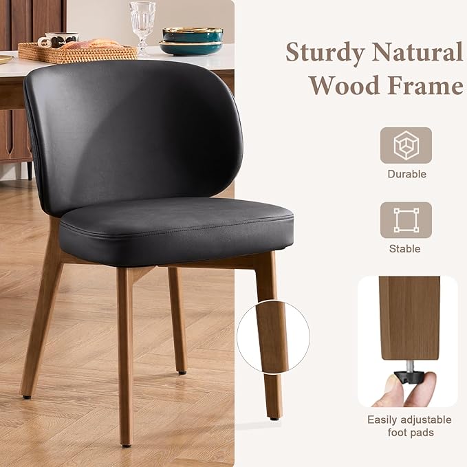 YOUNUOKE Upholstered Dining Chair, Modern PU Leather Dining Room Chair with Wood Legs, Widen Backrest Comfy Armless Side Kitchen Chairs, Black (Single Pack)