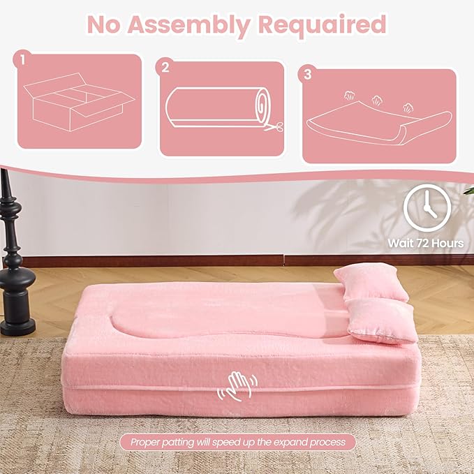 Orynveela Convertible Folding Sofa Bed, 71” Single Size Floor Sleeper Couch, Chenille Full Foam Futon Loveseat for Living Room Bedroom, No Assembly Required (Pink)