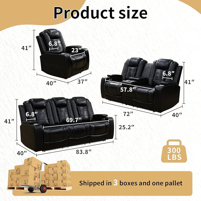 Caberryne Power Recliner Sofa Set with LED Lights,Leather Reclining Couch with Coffee Table/Storage Console/Cup Holder,Reclining Living Room Set with 5 Recliner Seats for House(3 Piece Set,Black)