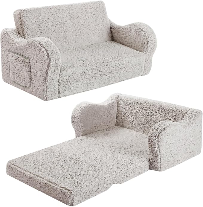 Kids Sofa, 2-in-1 Flip-Out Foam Couch, Soft Play Lounge Chair for Toddlers and Children, Extra Wide, Grey