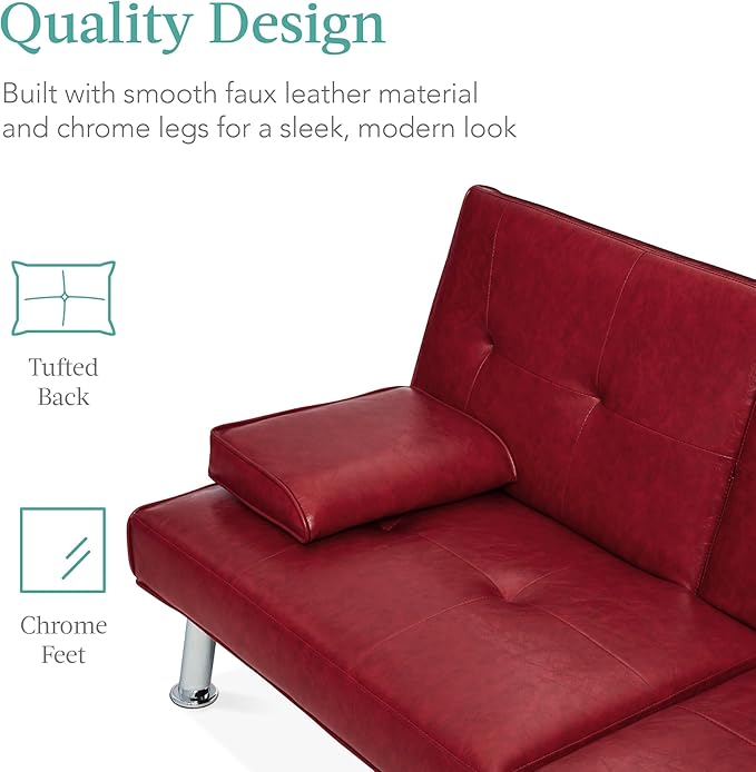Best Choice Products Faux Leather Upholstered Modern Convertible Futon, Adjustable Folding Sofa Bed, Guest Bed w/Removable Armrests - Burgundy