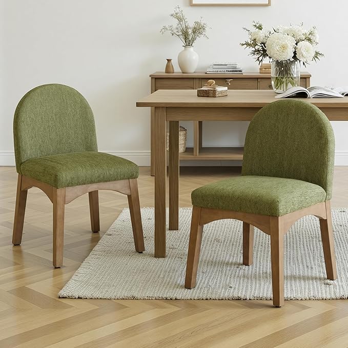 HNY Mid Century Modern Dining Chairs Set of 6, Chenille Upholstered Dining Room Chairs Armless Kitchen Chairs with Solid Rubberwood Legs, Accent Side Chairs for Living Room, Green