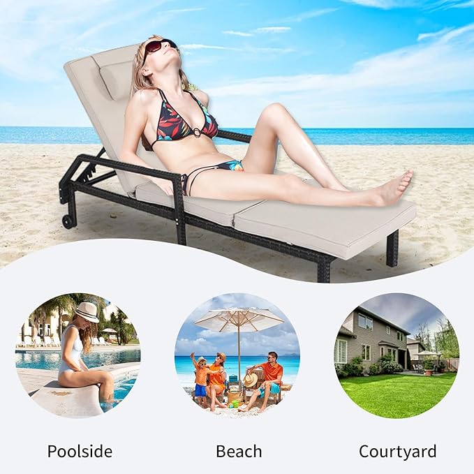 Patio Chaise Lounge Set – Adjustable Outdoor Lounge Chairs with Cushions & Headrest – All-Weather Rattan Reclining Lounge Chairs for Poolside, Garden, and Patio (2 Pcs, Beige)