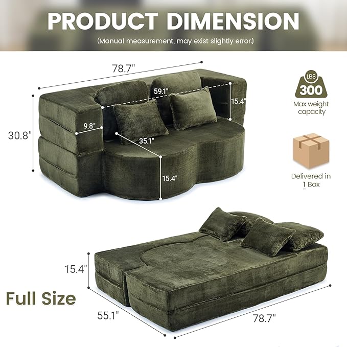 Orynveela Convertible Folding Sofa Bed, 78” Full Size Floor Sleeper Couch, Chenille Full Foam Futon Loveseat for Living Room Bedroom, No Assembly Required (Green)