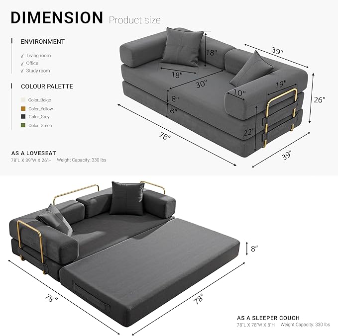 78" Convertible Sleeper Sofa Bed, Corduroy Folding Sofa Bed with Fixed-Shape Frame, Fold Out Floor Mattress Couch, Lazy Compression Sofas for Living Room, Bedroom, No Assembly Required, Grey