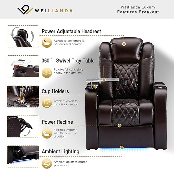 Weilianda Home Theater Seating Top Grain Leather Zero Gravity Recliner Chair Power Headrest Recline Movie Seat Gaming 7 Colors Mood Light Sofa with Tray Table USB Charge Row of 5 Loveseat Left Brown