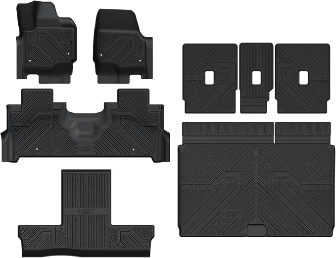LASFIT Floor Mat& Cargo with Backrest Mat for 7 Seats 2025 2026 Ford Expedition Max & Lincoln Navigator L(Only 2nd Row Without Center Console),TPE Easy Clean Floor Liners,Full Set,Black
