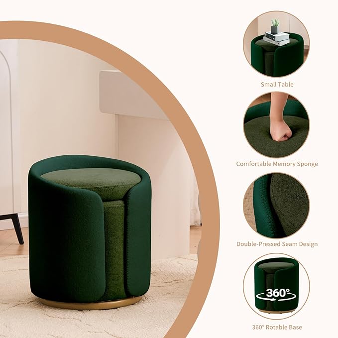 Vanity Chair with Storage, Round Velvet Vanity Stool No Wheels, Swivel Ottoman Chair with Upholstered for Women, Makeup Chair Accent Stool for Living Room, Bedroom, Gold Base, Green