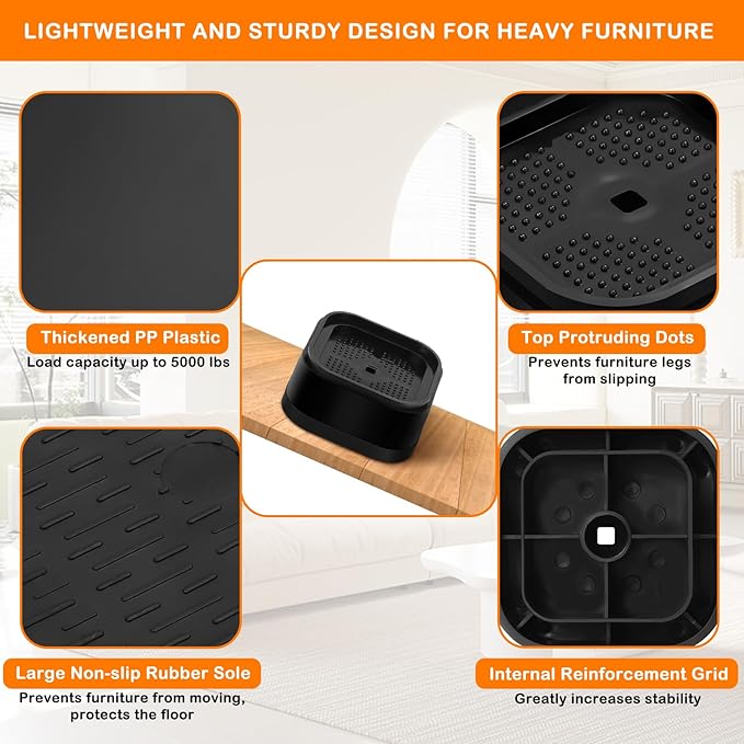 shouwuhho 6 Pack Furniture Risers Adjustable Bed Risers Heavy Duty Lifts Height 1", Square Stackable Bed Risers 1, 2 or 3 Inch for Desk Leg Table Couch Sofa Chair Bed Frame Legs Dorm, Black