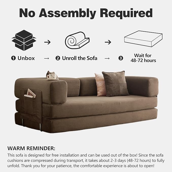 LIAROO 78.8" Convertible Sofa Bed -Compression Sofa with Corduroy Fabric - with Armrests and Backrest - Modular Sectional for Living Room, Bedroom, Studio - Compression Sofa in Box (Brown)
