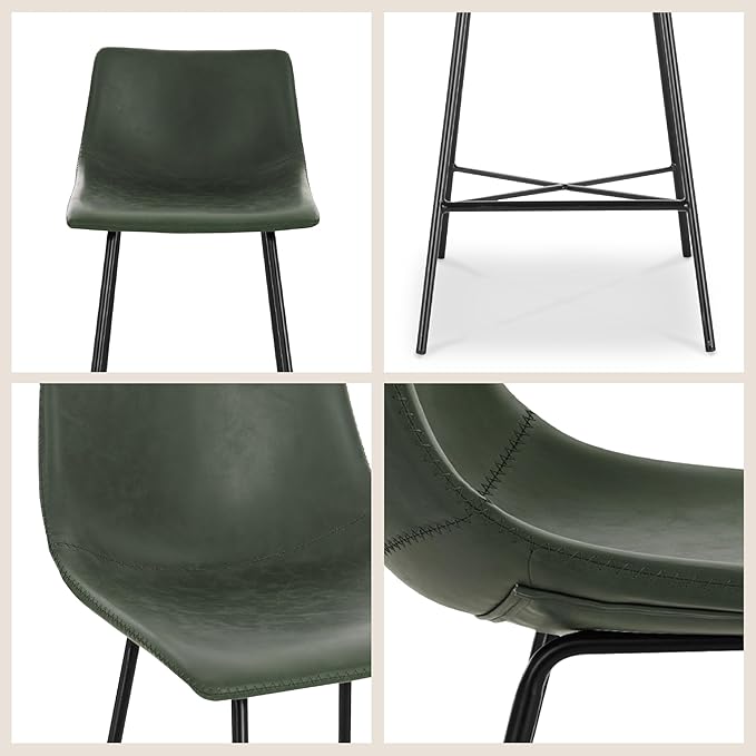 Poly & BARK Paxton Leather Counter Stools 24 Inches – Set of 3 - Counter Height Bar Stools – Barstools for Kitchen Island or Counters – Faux Leather & Matte Black Steel Base – Distressed Green Velvet