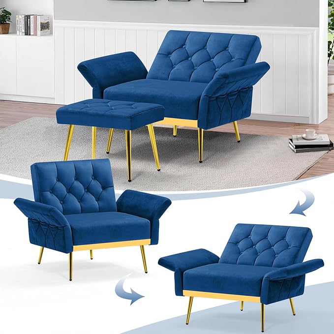 ACMEASE Velvet Accent Chair w/Adjustable Armrests and Backrests, Tufted Single Sofa with Ottoman, Upholstered Reading Chiar for Living Room, Apartment, Bedroom, Blue