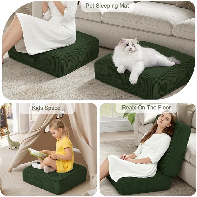 PRIMEPATIO Floor Pillow for Adults, 8" Square Floor Cushions with Washable Cover, Large Corduroy Meditation Pillow, 22 inches Tatami Seat with Handle for Living Room or Yoga, Green