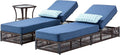 ACTREST Luxury Outdoor Chaise Lounge Chairs of 2 with 5 Inch Thick Cushions and Side Table - 3 PCS High Back Brown Wicker Patio Recliners Lounger Furniture Set for Poolside Sunbathing - Navy Blue