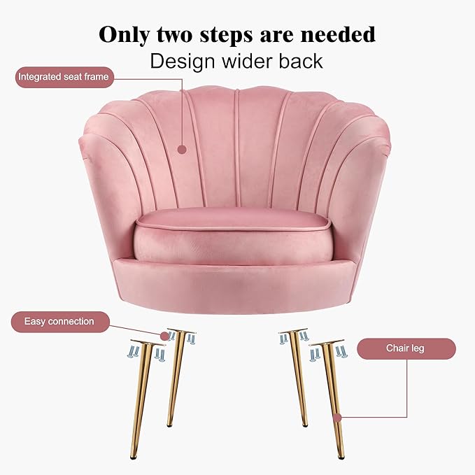 DAGONHIL Mid Century Modern Upholstered Accent Chair,Petal Vanity Chair,Retro Leisure Velvet Single Sofa with Golden Metal Legs for Living Room/Bedroom(Light Pink)