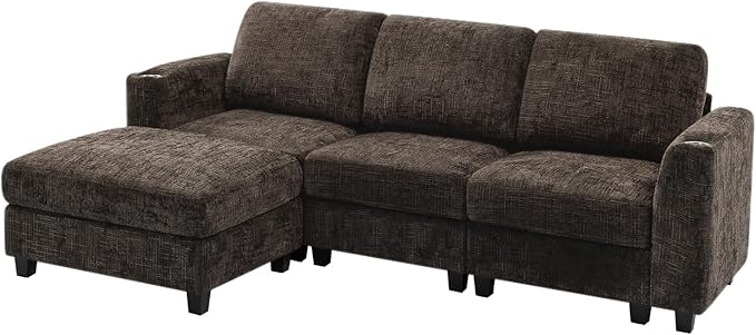 Lesofair 87" Convertible L-Shape Couch with Flexible Ottoman, Soft Sectional Sofa with 2 Built-in Cup Holders, Chenille 3 Seats Sofa with Well-Filled Back Cushions for Living Room, House, Brown