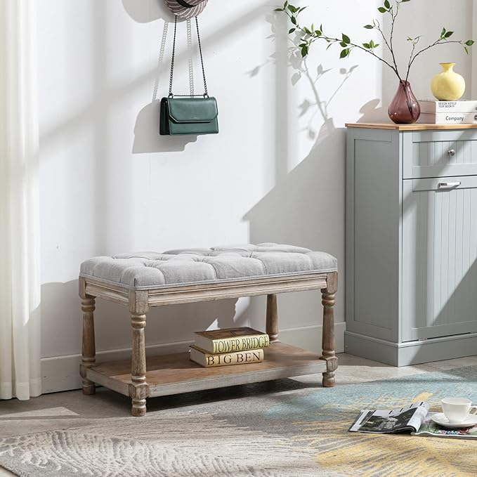 Farmhouse Storage Bench Wooden Entryway Linen Upholstered Ottoman Button Tufted Bench for Bedroom End of Bed Hallway Organizer, Grey, 32 Inch