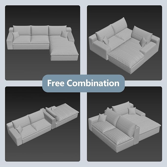 107" Cloud Sectional Couch with L-Shape Chaise, Modern Corduroy Viral Boneless Sofa for Living Room,Memory Foam Couches in a Box with Deep Seat,No Assembly Required (Black,Right-Facing Chaise)