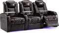 Weilianda Home Theater Seating Top Grain Leather Zero Gravity Recliner Chair Power Headrest Recline Movie Seat Gaming 7 Colors Mood Light Sofa with Tray Table USB Charge Row of 3 Brown