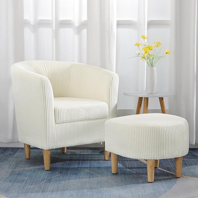 DAZONE Accent Chairs Set of 2 - Mid Century Modern Comfy Armchair with Ottoman, Corduroy Upholstered Living Room & Reading Room Chair in Ivory