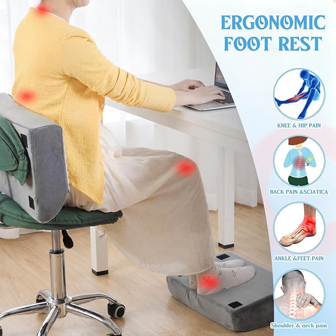 Novabright Adjustable Under Desk Foot Rest, Memory Foam Foot Stool with Gel Top and Warm Pocket Washable Cover Footrest for Office Chair Leg and Back Pain Relief(17" X 11" X 17",Cambered,Gray)