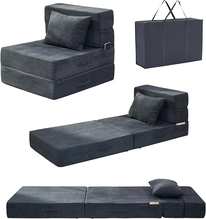 HILERO Folding Sofa Bed, 4 in 1 Convertible Sleeper Chair with Pillow, Single Memory Foam Fold Out Chair Bed, Modern Floor Futon Sofa Couch Mattress for Living Room/Guest/Apartment, Dark Grey