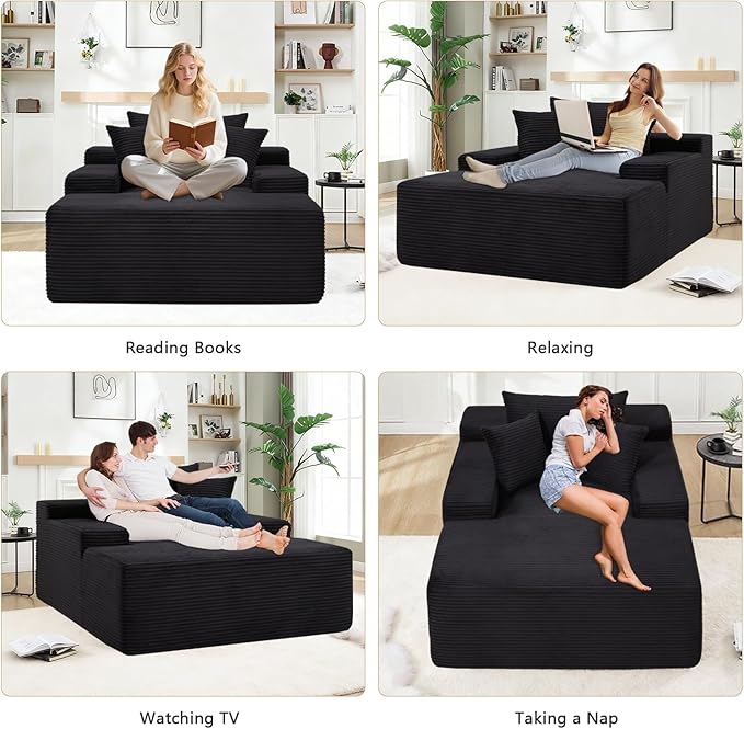 67.3'' Oversized Chaise Lounge Chair Indoor,Corduroy Boneless Couch with 3 Pillows Wide Armrest,Comfy Cloud Couch Sleeper Sofa Reading Chairs for Living Room Bedroom,No Assembly Required (Black)