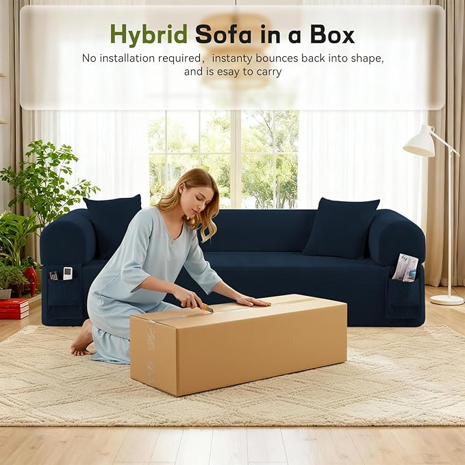 GJQ 3 Seater Couch, Corduroy Boneless Couches for Living Room,Compressed Cloud Sofa in a Box with 2 Pillows & Storage Bag,Memory Foam Floor Sofa with Armrests,No Assembly Required,Blue