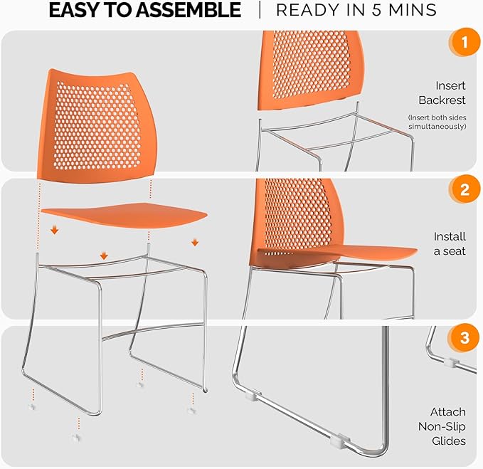 VINGLI Stacking Chairs Set of 8 Stackable Office Chairs with Metal Sled Base, Ergonomic Plastic Seat & Holes Back, Stacking Chairs for Waiting Room Break Room Banquet Guest, Orange