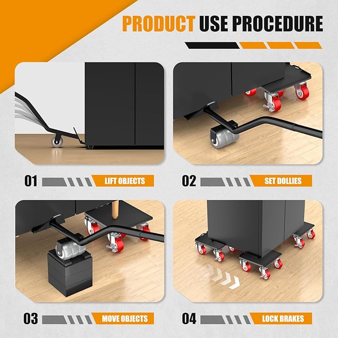 LOYAL TIGER Heavy Duty 1500LBS Furniture Dolly & Movers with 5X 360° Wheels - Carbon Steel Panel & Non-Slip Casters, Includes Lifter Jacks, Gliders for Sofa, Refrigerator (5.4 Inch, Red)