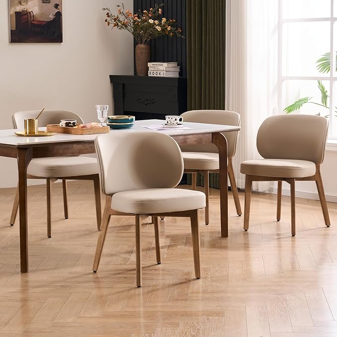YOUNUOKE Upholstered Dining Chairs Set of 4, Modern PU Leather Dining Room Chair with Wood Legs, Widen Backrest Comfy Armless Side Kitchen Chairs, Khaki