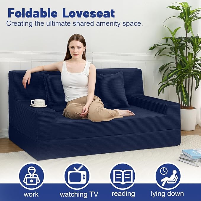 MeMoreCool Folding Sofa Bed Queen Corduroy Convertible Sleeper Chair – 2‑in‑1 Floor Sofa to Queen‑Size Bed | High‑Density Foam with Pillows | Removable Machine‑Washable Covers