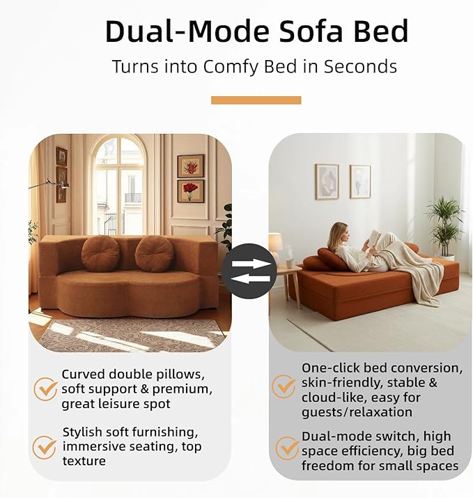 76" Convertible Folding Sofa Bed, 2-in-1 Twin Size Loveseat Sleeper Couch Bed with Two Pillows, Foldable Space-Saving | Design for Dorms Apartments Bedroom& Living Room,No Assemble(Orange)