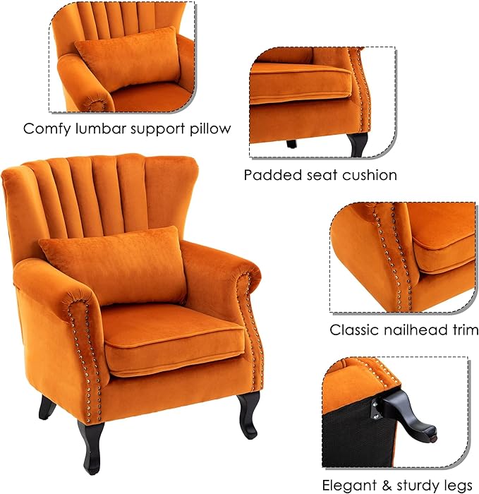 chairus Mid-Century Modern Accent Chair, Comfy Single Sofa Chair Channel Back Armchair with Small Pillow for Living Roon Bedroom Club - Velvet, Orange