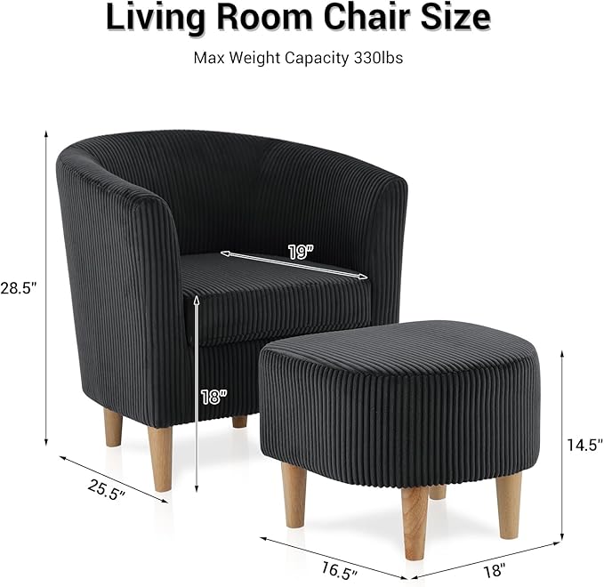 DAZONE Accent Chairs Set of 2, Barrel Chair with Ottoman Comfy Armchair Corduroy Living Room Chairs Mid Century Modern Chair Upholstered Club Tub Sofa Chair for Bedroom Reading Room Charcoal