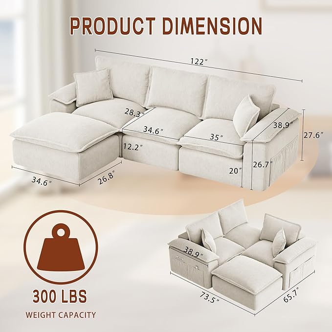 Korser 122" Sectional Couches for Living Room, Modular Boneless Sofa, Cloud Sofa, Fluffy Cushions, Double-Layer Cushioned, with Convertible Ottoman