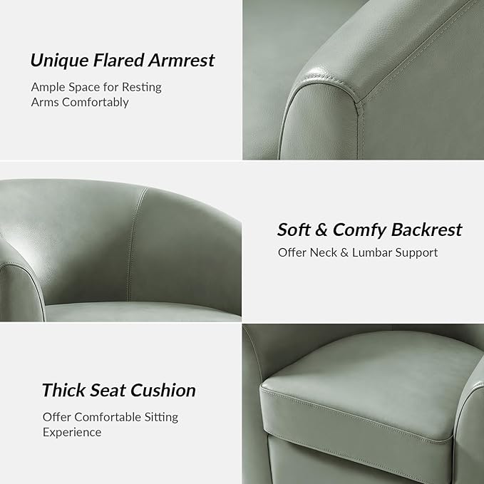 HULALA HOME Genuine Leather Swivel Accent Chair with Solid Wood Base, Round Swivel Barrel Chair for Living Room and Bedroom, Sage