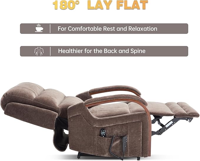 Dual Motor Power Lift Recliner Chair, Lift Chair with Massage and Heat for Elderly, Lay Flat Recliner, Standing Assistance, Infinite Position Reclining, Living Room Chair, Chenille, Brown