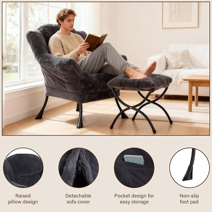 Welnow Lazy Chair with Ottoman, Modern Lounge Accent Chair with Armrests and a Side Pocket, Leisure Sofa Armchair, Reading Armchair with Footrest for Small Space, Plush Navy