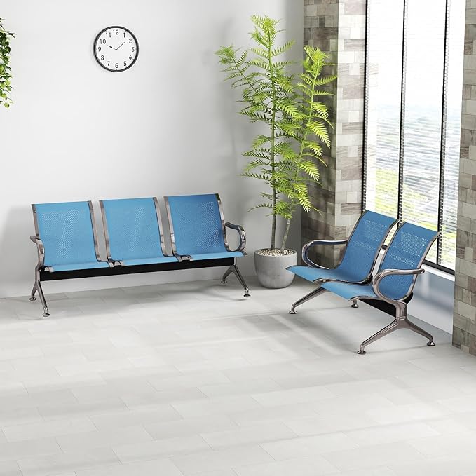 Kinfant 5-Seat Waiting Room Chair - Office Guest Reception Chairs with Ergonomic Backrests, Airport Waiting Bench with Armrests, Metal Waiting Furniture for Hospital, Bank, Blue (2-Seater+3-Seater)