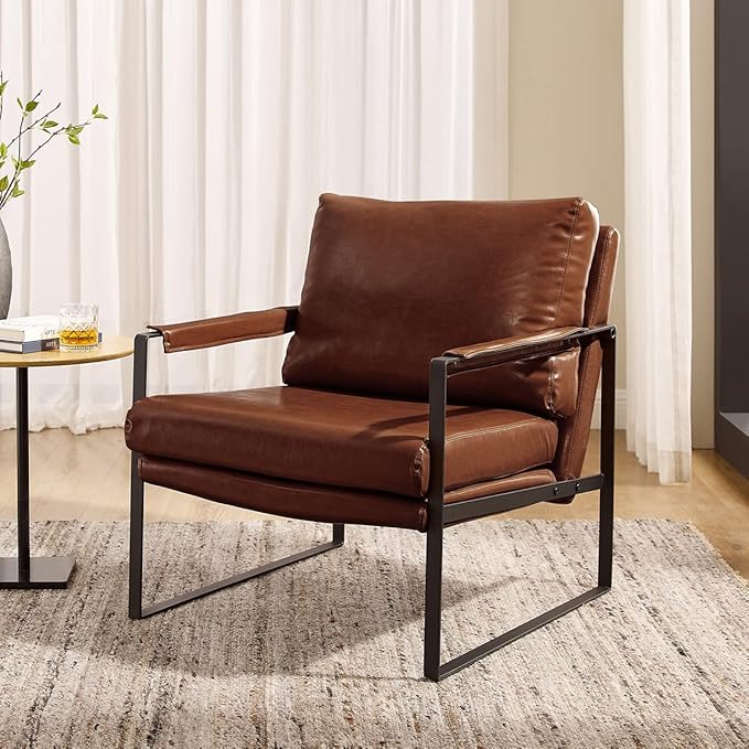 Volans Mid Century Modern Accent Chair with Arms for Living Room, Faux Leather Accent Chairs for Lounge, Metal Frame Armchair Reading Chair Single Sofa for Bedroom Office, Red Brown