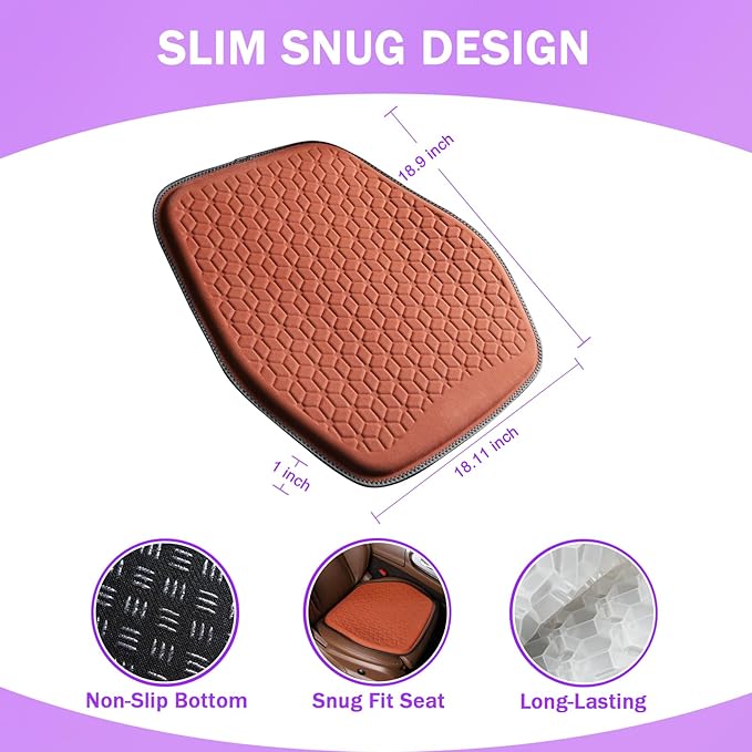 Binsheo Thin Premium Gel Seat Cushion for Car Seat, Office Chair, Wheelchair, Golf Cart - Non-Slip Car Seat Cushions with 0.7 Inch Gel - Sciatica & Coccyx Pain Relief (Suede, Orange)