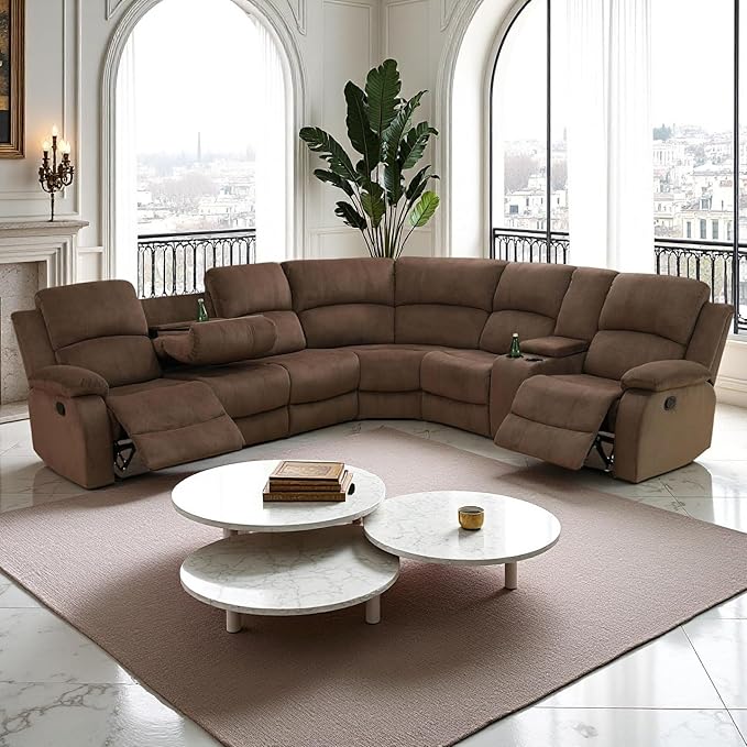 Manual Reclining Sofa Set with Drop-Down Table, Corduroy Sofa Sets, Living Room Furniture Sets, Modern Manual Recliner Sofa Sets with Storage Console for Living Room (Brown, Sectional)