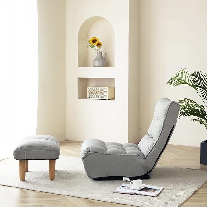 Floor Lounger Chair with Ottoman, Adjustable Reclining Tatami Sofa with Back Support, Comfy Seating for Adults Bedroom & Gaming