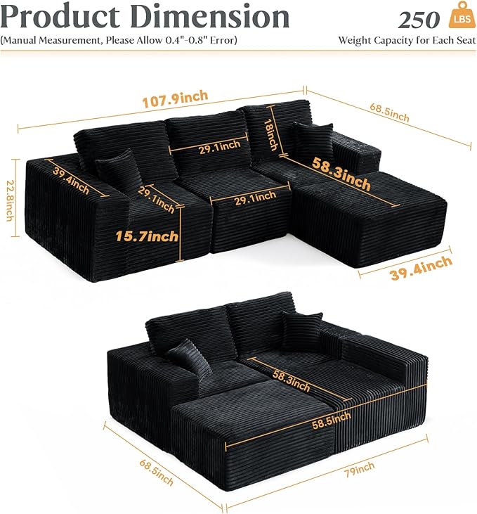 MODNEST 108" Modular Sectional Sofa Cloud Couch with Deep Seats, L Shape Couch with Chaise and Movable Ottoman, Sectional Couches for Living Room, Comfy Boneless Couches No Assembly Required, Black