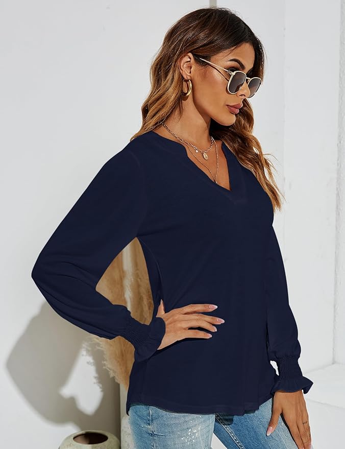 Romanstii Women's Casual V-Neck T-Shirts Loose Puff Long Sleeve Tops Tunic Blouses