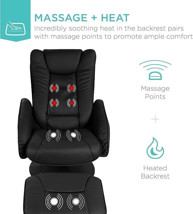 Best Choice Products Faux Leather Electric Massage Recliner w/Stool Footrest Ottoman, Remote Control, 5 Heat & Massage Modes, Side Pockets - Black