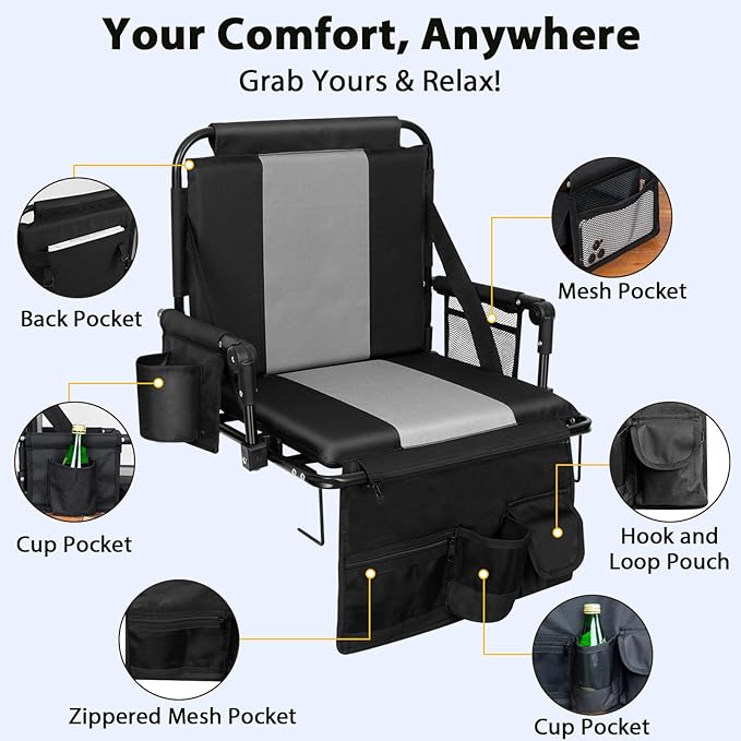 Romswi Folding Stadium Seat Bleacher 2PK Portable Outdoor Floor Folding Stadium Chair with Armrest,Back Support,Cup Holder,Mesh Bag and Hide Hooks