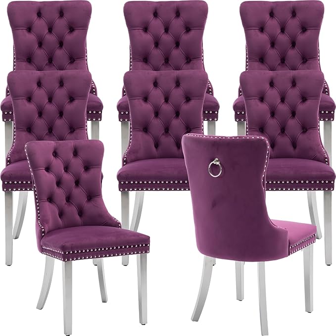 YeahFurn Mid Century Modern Dining Chairs Set of 8, Purple Velvet Upholstered Tufted Back, Kitchen & Dining Room Chairs, Brushed Silver Metal Legs, Nailhead Trim, Sillas para Comedor (Purple, 8 Pcs)